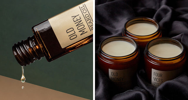 side-by-side comparison of Beardbrand Beard Oil bottle and three Beardbrand Utility Balm jars