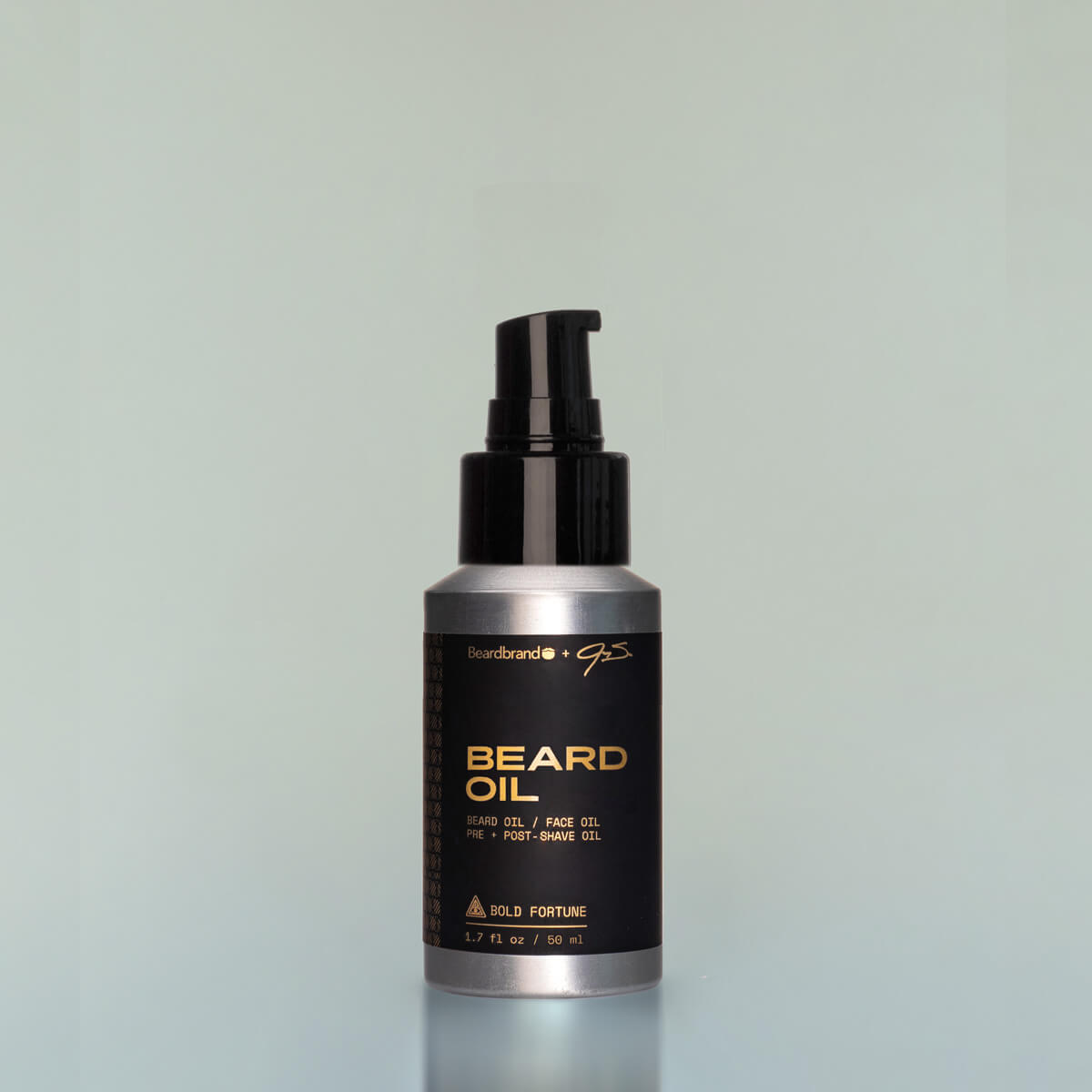 A bottle of Bold Fortune travel-size Beard Oil with a pump dispenser against a grey background.