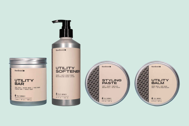 Beardbrand Dapper Dude Bundle: Utility Bar 3-Pack, Utility Softener, Utility Balm and Styling Paste