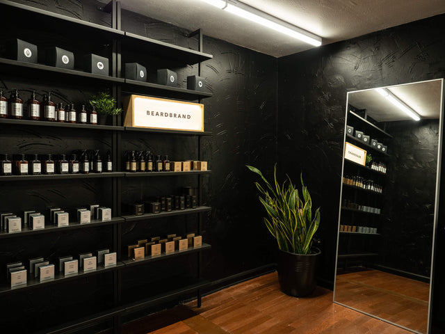 Beardbrand Barbershop interior, product showcase shelf