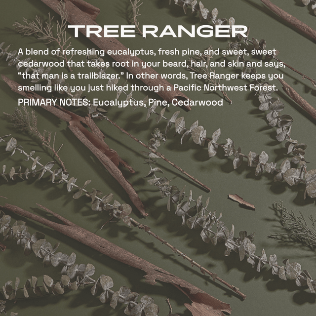 Fragrance graphic titled ‘Tree Ranger’ on a green background strewn with eucalyptus and pine sprigs, describing a refreshing eucalyptus, pine and cedarwood scent that evokes a Pacific Northwest forest.