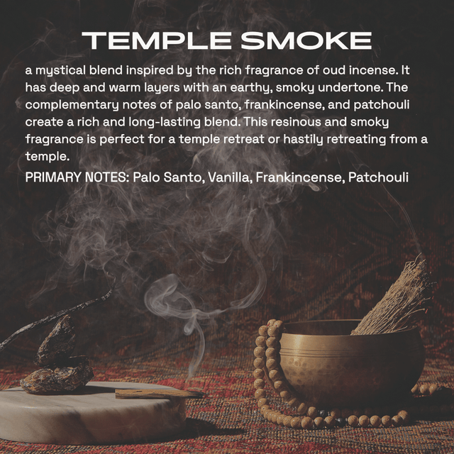 Fragrance graphic titled ‘Temple Smoke’ over a dark, incense‑smoke background with a prayer bowl and beads, describing a mystical blend of oud incense with palo santo, vanilla, frankincense and patchouli notes.