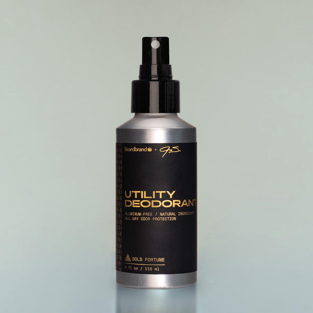A bottle of Bold Fortune Utility Deodorant with a spray dispenser against a grey background.