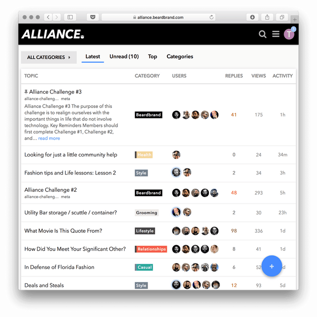A screenshot of the alliance membership forum dashboard with posts on a wide range of topics like life, relationships, hobbies and grooming.