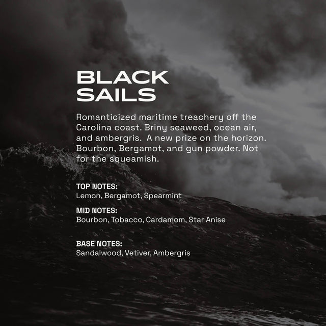 Black Sails fragrance graphic showing a dark ocean wave beneath stormy gray skies. Text describes the scent as a bold maritime blend with notes of lemon, bergamot, spearmint, bourbon, tobacco, cardamom, star anise, sandalwood, vetiver, and ambergris.