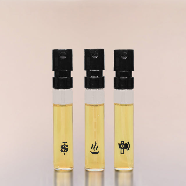 Three vials of Beardbrand Fragrance Samples—Old Money, Temple Smoke and Tree Ranger.