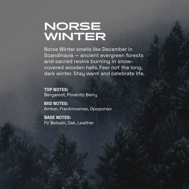 Norse Winter fragrance product card displaying misty evergreen forest landscape in grayscale. Text describes the Scandinavian-inspired scent with bergamot, pimento berry top notes, amber, frankincense, opoponax mid notes, and fir balsam, oak, leather base notes.