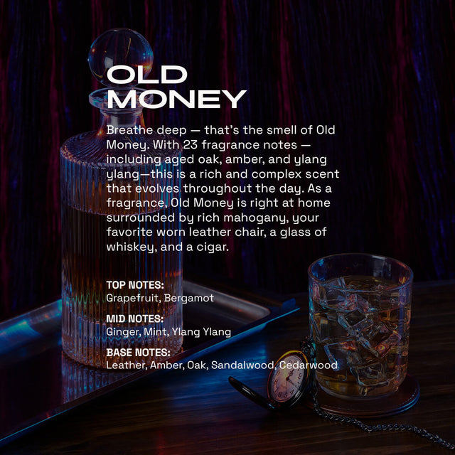 Old Money cologne product card showing a crystal decanter and whiskey glass on a dark blue surface with dramatic lighting. Text describes the luxury fragrance with 23 notes including grapefruit, bergamot, ginger, mint, ylang ylang, leather, amber, oak, sandalwood, and cedarwood.