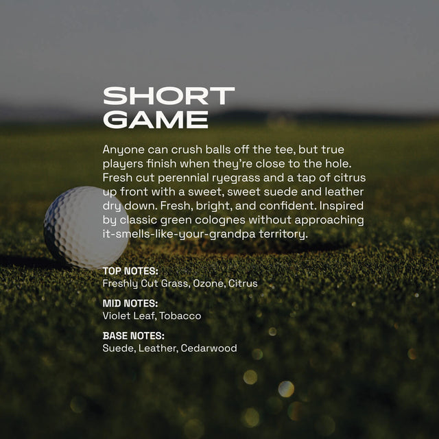 Short Game fragrance graphic showing a golf ball on fresh green grass. Text describes a bright green scent with notes of freshly cut grass, ozone, citrus, violet leaf, tobacco, suede, leather, and cedarwood.