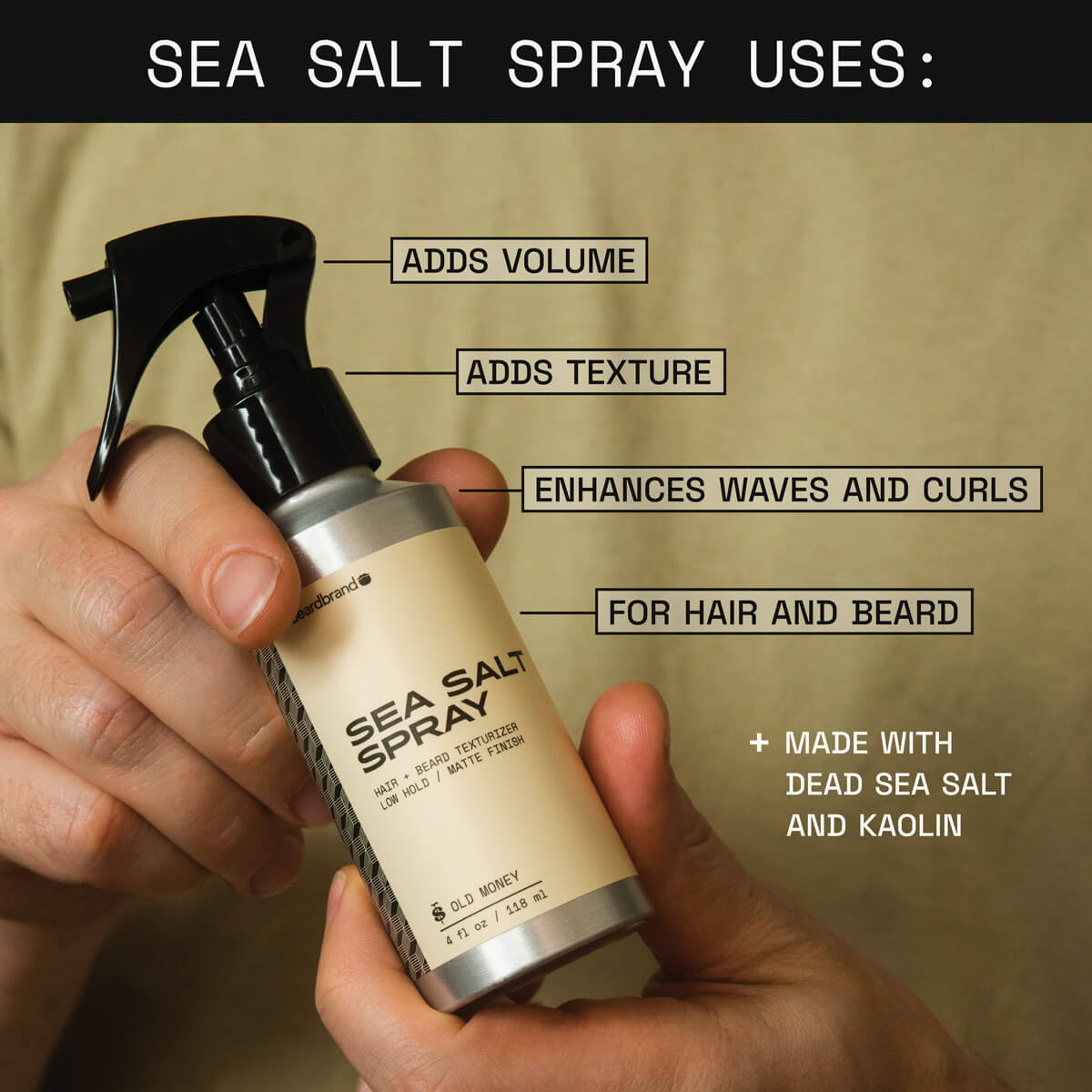 Infographic detailing the uses of Sea Salt Spray. It features a hand holding the product container, which is noted for adding volume and texture, enhancing waves and curls. Suitable for use on both head and beard hair, and made with Dead Sea salt and kaolin.