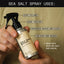 Infographic detailing the uses of Sea Salt Spray. It features a hand holding the product container, which is noted for adding volume and texture, enhancing waves and curls. Suitable for use on both head and beard hair, and made with Dead Sea salt and kaolin.