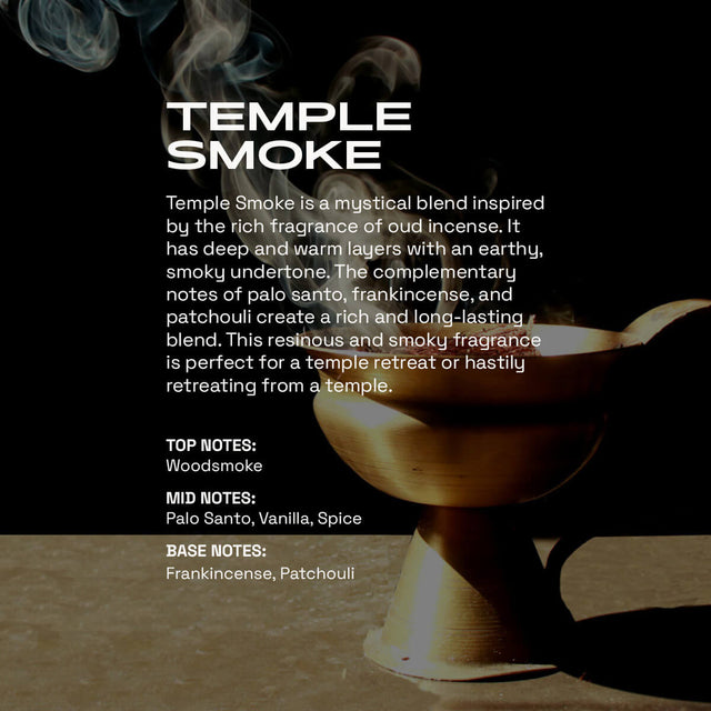 Temple Smoke fragrance product card featuring smoky wisps against a black background, with an incense burner at the bottom. Text details the mystical oud incense blend with notes of woodsmoke, palo santo, vanilla, spice, frankincense, and patchouli.