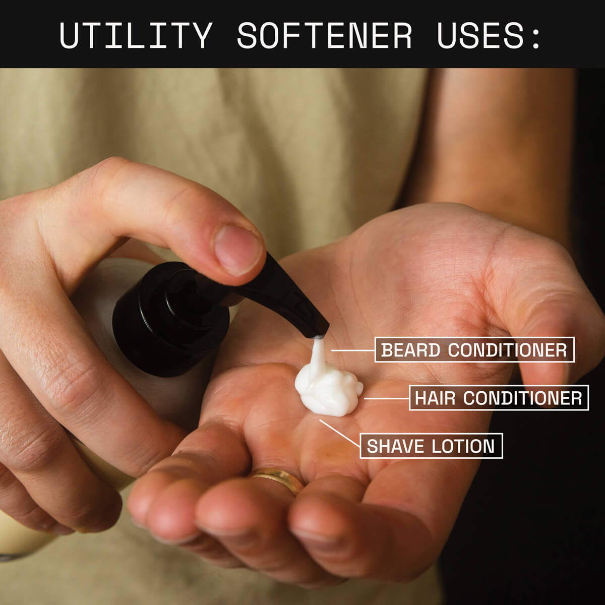 Infographic illustrating uses of Utility Softener. Shows a hand squeezing a pump bottle, dispensing white softener into palm. Labeled uses include beard conditioner, hair conditioner, and shave lotion.