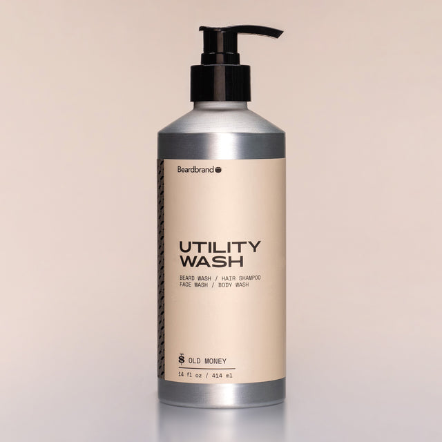 A bottle of Utility Wash with a pump dispenser against a neutral background.