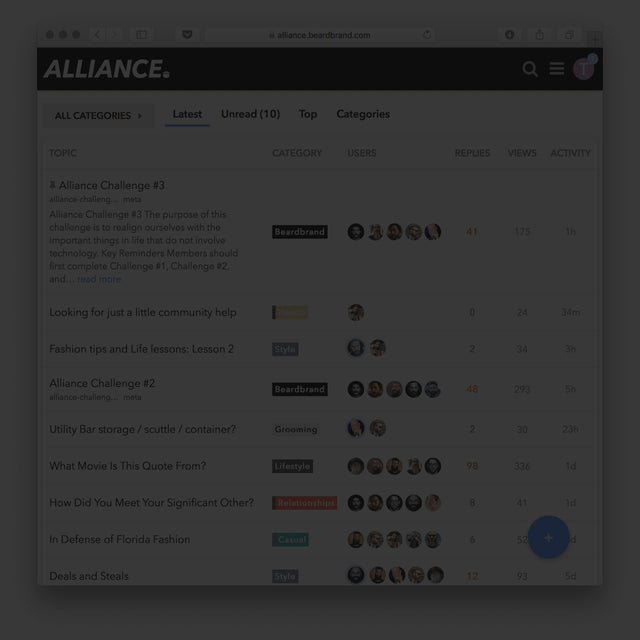 A screenshot of the alliance membership forum dashboard with different posts on a wide range of topics like "Utility Bar storage," "How did you meet your significant other?", "What movie is this quote from?" and more.