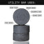 Infographic displaying various uses of a Utility Bar. Shows a stack of three soap bars labeled clockwise from the left as face wash, soap puck, beard wash, shampoo bar and shave soap.